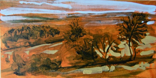 Field with Tree Grouping, Sinalunga, Tuscany,  6" x 12", acrylic on paneled paper, 2011.